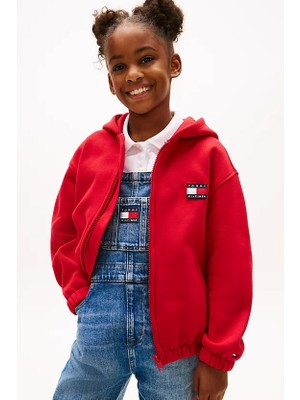 Tommy Hilfiger Unisex Çocuk Heritage Flag Terry Hoodie Fermuarlı Sweatshirt - Kırmızı