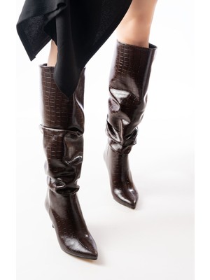 Budi SR-2001 Kahverengi Kroko Ince Topuklu Günlük Bayan Çizme