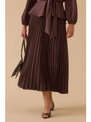 Seçil Kadın Elastik Bel Pliseli Etek - Kahverengi