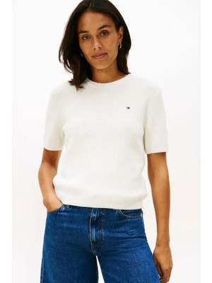 Tommy Hilfiger Kadın Dokulu Kısa Kollu Triko - Ekru
