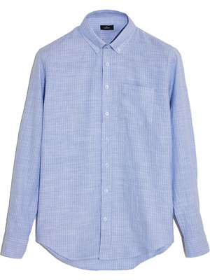 Tudors Erkek Slim Fit Dar Kesim Yaka Düğmeli Çizgili Uzun Kollu Cepli Keten Efektli mavi Gömlek