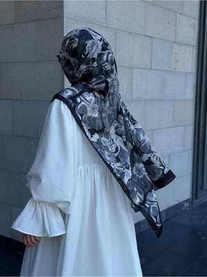 Qalortex Scarf Pamuklu Mimoza Desen Şal- Siyah/beyaz