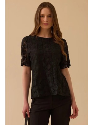 Seçil Kadın Çiçek Desenli Dantel Bluz - Siyah