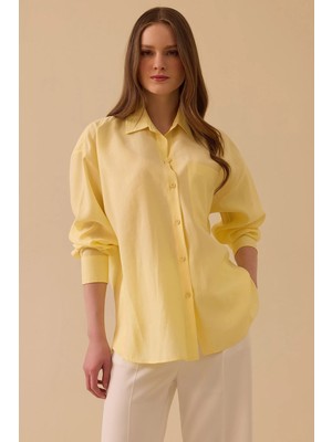 Seçil Kadın Oversize Basic Keten Gömlek - Sarı