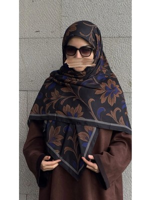 Qalortex Scarf Pamuklu Yaprak Desen Eşarp - Siyah - Morcivert