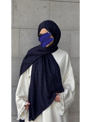 Qalortex Scarf Pamuklu Balık Sırtı Jakar Şal-Lacivert