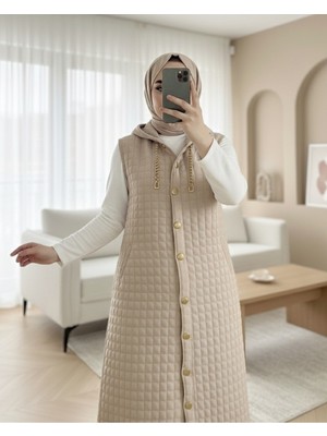 Modamorfo Boydan Düğmeli Kapşonlu Cepli Kapitone Uzun Yelek  -Taş