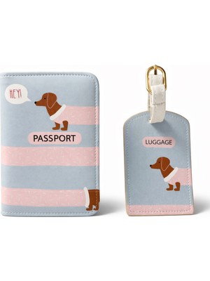 Ecrou Uzun Köpek Desenli Pasaport Kılıfı ve Valiz Etiketi