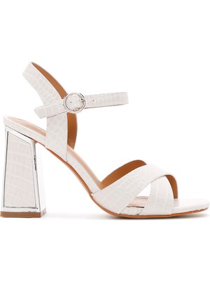 Derimod Kadın Beyaz Bilekten Bantlı Kalın Topuklu Kroko Sandalet 26SFE4622E3