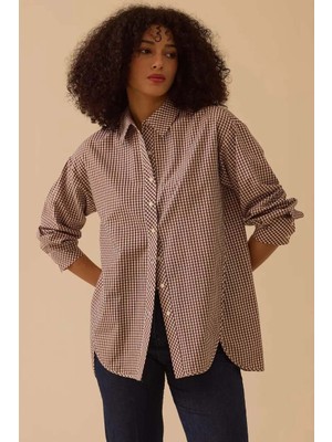 Seçil Kadın Düğmeli Pötikare Gömlek - Kahverengi