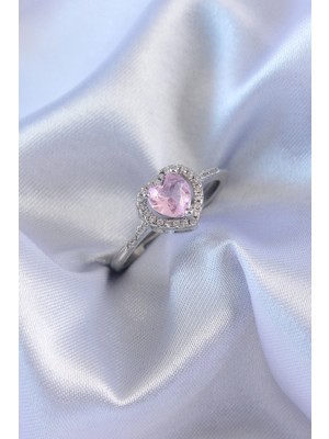 Dekofon Gümüş Renk Pembe Zirkon Taşlı Kalp Charm Model Pirinç Kadın Yüzük