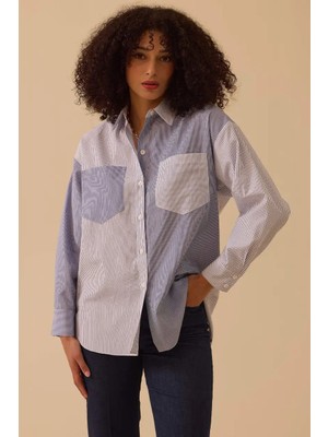 Seçil Kadın Çizgili Cep Kuplu Gömlek - Mavi