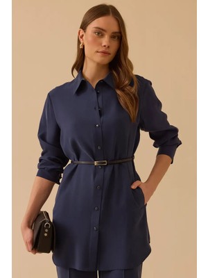Seçil Kadın Kemerli Cep Detaylı Gömlek - Lacivert