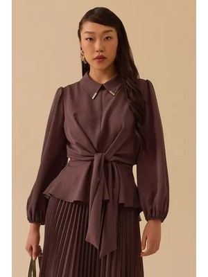 Seçil Kadın Gömlek Yaka Bağlama Detaylı Bluz - Kahverengi