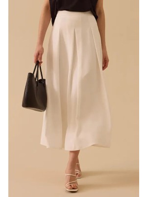 Seçil Kadın Pile Detaylı Kloş Etek - Ekru