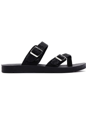 Derimod Kadın Siyah Çift Tokalı Taşlı Terlik 26SFE460114