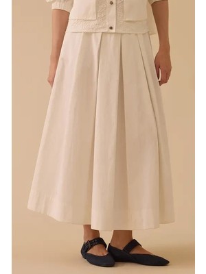 Seçil Kadın Pile Detaylı Elastik Bel Kloş Etek - Beyaz