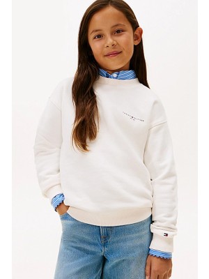 Tommy Hilfiger Unisex  Çocuk Logolu Bisiklet Yaka Sweatshirt - Kırık Beyaz