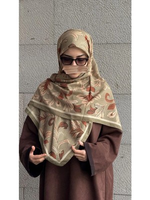 Qalortex Scarf Pamuklu Yaprak Desen Eşarp - Haki