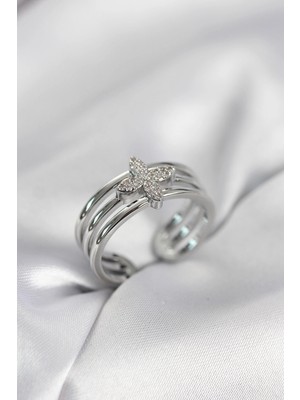 Dekofon Gümüş Renk Zirkon Taşlı Yonca Model Kadın Yüzük