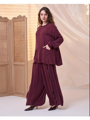 Misswhence Içi Pantolonlu Cupra Ipek Tunik Şalvar Takım 39004 Bordo