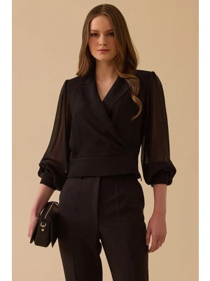 Seçil Kadın Transparan Kollu Kruvaze Bluz - Siyah