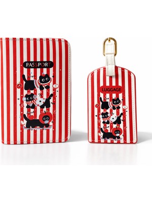 Ecrou Kedi Desenli Kırmızı Pasaport Kılıfı ve Valiz Etiketi