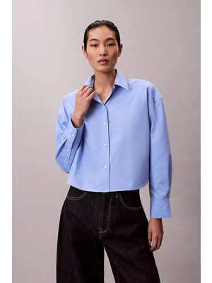 Calvin Klein Kadın Crisp Poplin Oversized Cropped Gömlek - Mavi