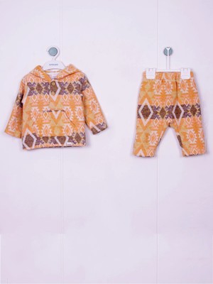 Aydodo Etnik Desen Kapşonlu Hardal Bebe Takımı