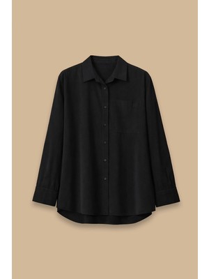 Seçil Kadın Oversize Basic Keten Gömlek - Siyah