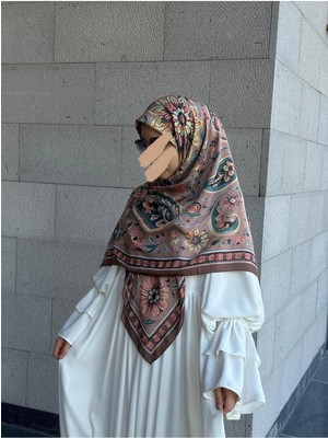 Qalortex Scarf Pamuklu Flora Desen Eşarp-Kahve