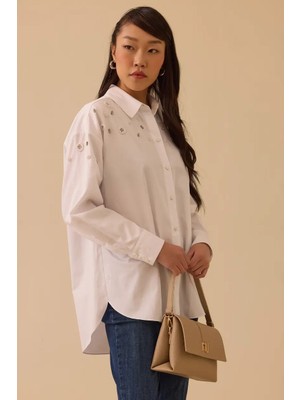 Seçil Kadın Taş Detaylı Koton Gömlek - Beyaz