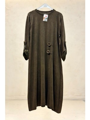 Sahnemoda Yan Çift Toka Uzun Organik Pamuk Elbise