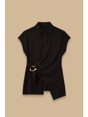 Seçil Kadın Bağlama Detaylı Tokalı Gömlek - Siyah