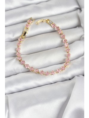 Dekofon Pembe Kare Zirkon Taşlı Gold Renk Pirinç Su Yolu Kadın Bileklik