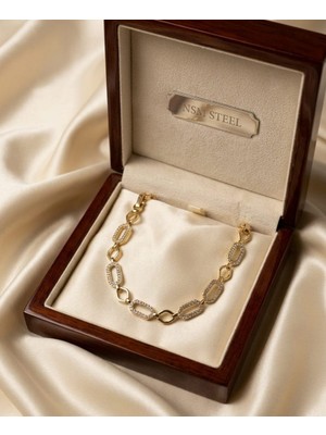 JKmons Oval Taş Detaylı Gold Çelik Bileklik