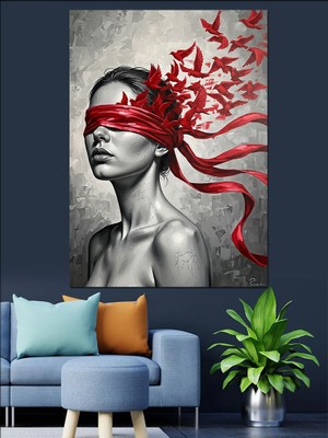 Tablomega Gözleri Bağlı Kırmızı Şeritli Kadın Dekoratif Kanvas - Mdf Ahşap Tablo