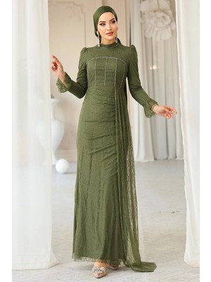 Olcay Beli Pelerin Detaylı Taş Süslemeli Dantel Tesettür Abiye Elbise YEŞİL 1252