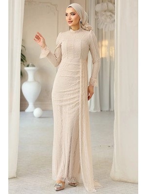 Olcay Beli Pelerin Detaylı Taş Süslemeli Dantel Tesettür Abiye Elbise KREM 1252