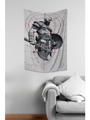 Moud's God Of War Kratos Çizim Desenli Duvar Örtüsü Duvar Halısı Tapestry Süet Dokulu Kumaş