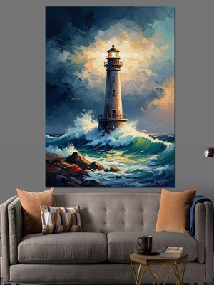 Tablomega Dalgalı Denizde Işık Saçan Denizfeneri Dekoratif Kanvas - Mdf Ahşap Tablo