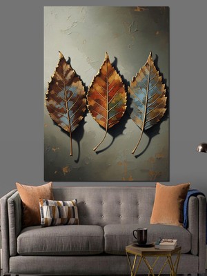 Tablomega Üçlü Metalik Yapraklar Modern Sanat Dekoratif Kanvas - Mdf Ahşap Tablo