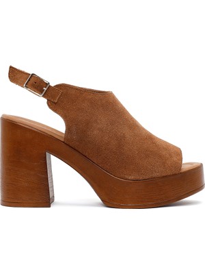 Derimod Kadın Taba Bilekten Tokalı Platform Yüksek Kalın Topuklu Süet Deri Sandalet 26SFD181910