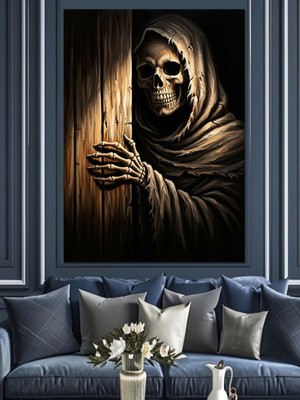 Tablomega Kapı Arkasındaki Mistik Iskelet Figürü Dekoratif Kanvas - Mdf Ahşap Tablo