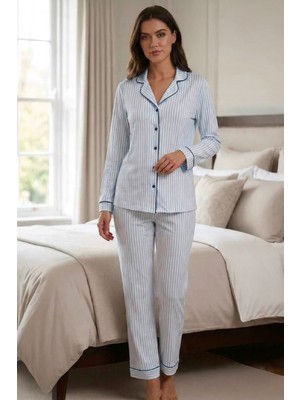 Puerpera Effortt Kadın Önden Düğmeli Uzun Kollu Çizgili Pijama Takımı 2067