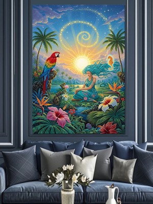 Tablomega Gün Batımında Palmiye ve Papağan Dekoratif Kanvas - Mdf Ahşap Tablo