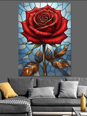 Tablomega Vitray Görünümlü Kırmızı Gül Sanatı Dekoratif Kanvas - Mdf Ahşap Tablo