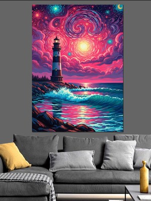 Tablomega Deniz Feneri ve Pembe Gökyüzü Dekoratif Kanvas - Mdf Ahşap Tablo