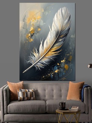 Tablomega Altın Parıltılı Zarif Kuş Tüyü Dekoratif Kanvas - Mdf Ahşap Tablo