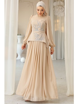 Olcay Önü Taş Desenli Krep ve Şifon Kombinli Tesettür Abiye Elbise Bej 1689
